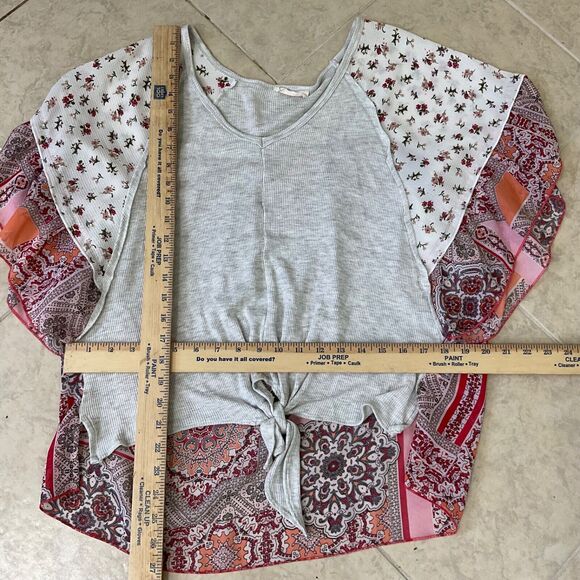 Hummingbird Boho blouse top women’s M mixed media V Neck tie waist flutter sleev - Picture 6 of 7